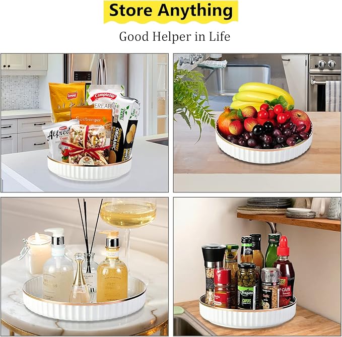 2 Pack 10" Fluted Lazy Susan Organizer, Turntable Spice Rack for Cabinet, Kitchen, Pantry Organizer and Storage, Fridge, Bathroom Vanity Countertop, Under Sink Organizing, Expandable Lazy Susan-White