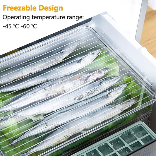 vacane Stackable Freezer Organizer, Flat Produce Saver Sliced Cheese Container with Lids, Freezer Storage Containers Food Storage Tray for Fruits, Vegetables, Meat