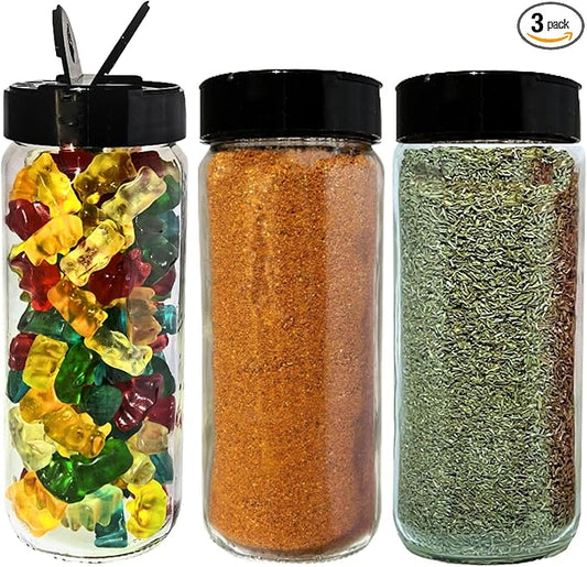 Premium Glass Spice Shakers - 16 oz Versatile Seasoning and Spice Dispenser with Sifting Lids for Popcorn, Cheese, Cinnamon, and Salt, Made in USA by JARMING COLLECTIONS (3 pack)