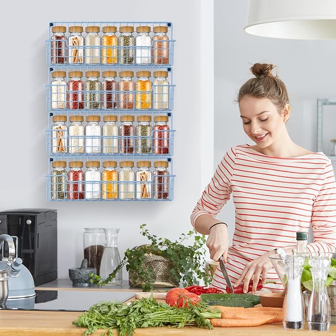 Spice Rack Wall Mount, 2 Packs Spice Organizer for Kitchen and Cabinet Door, Hanging Storage Rack for Wall Saving Space in Kitchen Bathroom, Restroom and RV, Light Blue