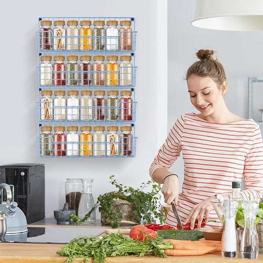 Spice Rack Wall Mount, 2 Packs Spice Organizer for Kitchen and Cabinet Door, Hanging Storage Rack for Wall Saving Space in Kitchen Bathroom, Restroom and RV, Light Blue
