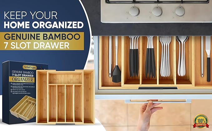 Expandable Bamboo Silverware Organizer Utensil Drawer Organizer Kitchen Utensil Organizer Cutlery Drawer Organizer 5-7 Slot Flatware Organizer For Drawers With Gift Box