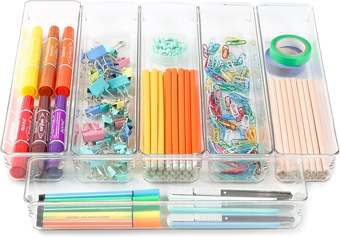 ihomecooker 6 Set Clear Plastic Junk Drawer Organizer Vanity Curlery Utensil Makeups Organizer for Kitchen 12'' X 3''