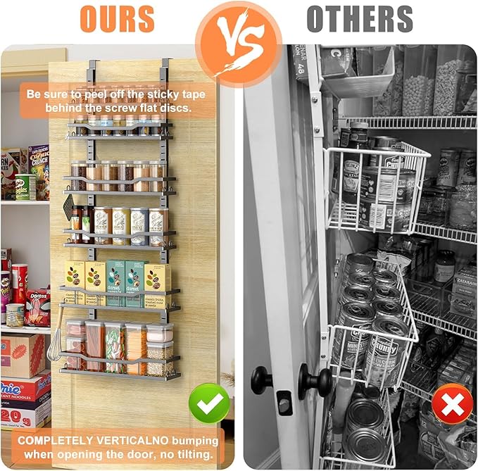 Over The Door Pantry Organizer, 6-Tier Over The Door Organizer with Adjustable Baskets, Metal Hanging Spice Rack for Pantry Organizers and Storage, Suitable for Kitchen Laundry Room & Bathroom, Black