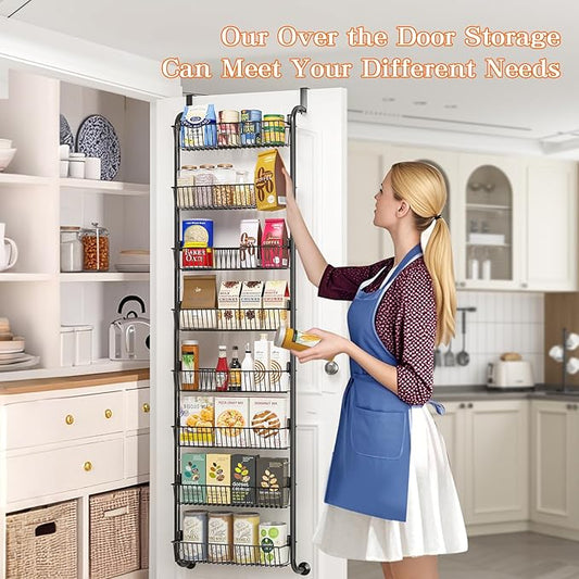 Over the Door Pantry Organizers and Storage, 8-Tier Spice Rack, Home & Kitchen Storage Shelves for Cabinet, Large Capacity Hanging Seasoning Organizer, Laundry Room Organization, Black