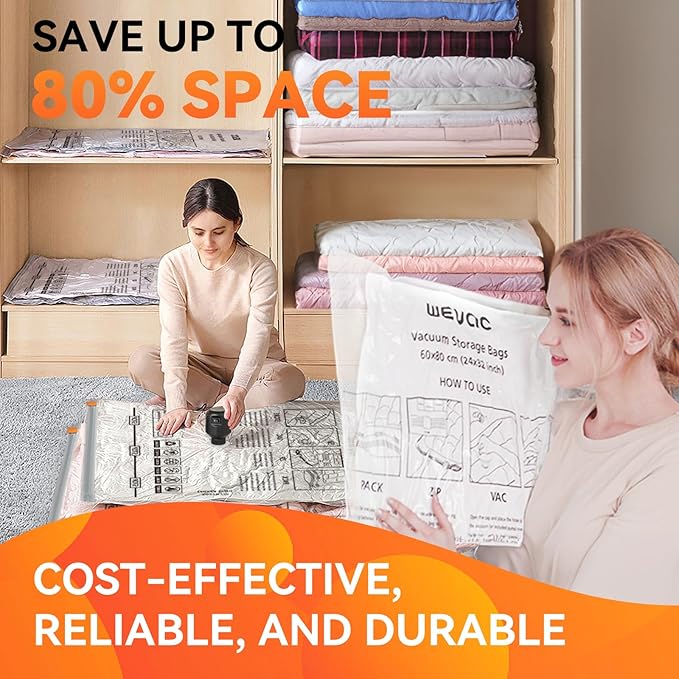 [2024 NEW] 15 Pack Vacuum Storage Bags (3 Jumbo/3 Large/3 Medium/3 Small/3 Roll) | Space Saver | Rapid Vacuum | Double Zip Seal | Clip Stopper | Ideal for Clothes, Blankets Compression and Travelling