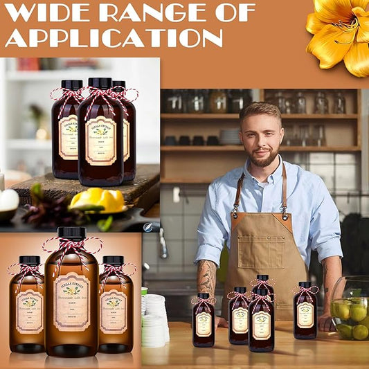 12 Pack Amber Glass Bottles for Vanilla Extract Homemade 8 oz,Vanilla Extract Bottles,Brown Boston Round Bottles with Caps and Stickers,Glass Food Storage Canister for Syrup Beans Sauce Essential Oil