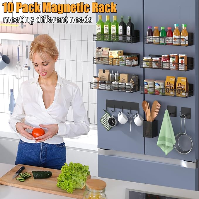 Magnetic Spice Rack for Refrigerator, 10 Pack Metal Magnetic Shelf, Moveable Spice Organizer with Hook Rack, Paper Towel Holder, Kitchenware Holder, Strong Magnetic Storage Fridge Organizer Black
