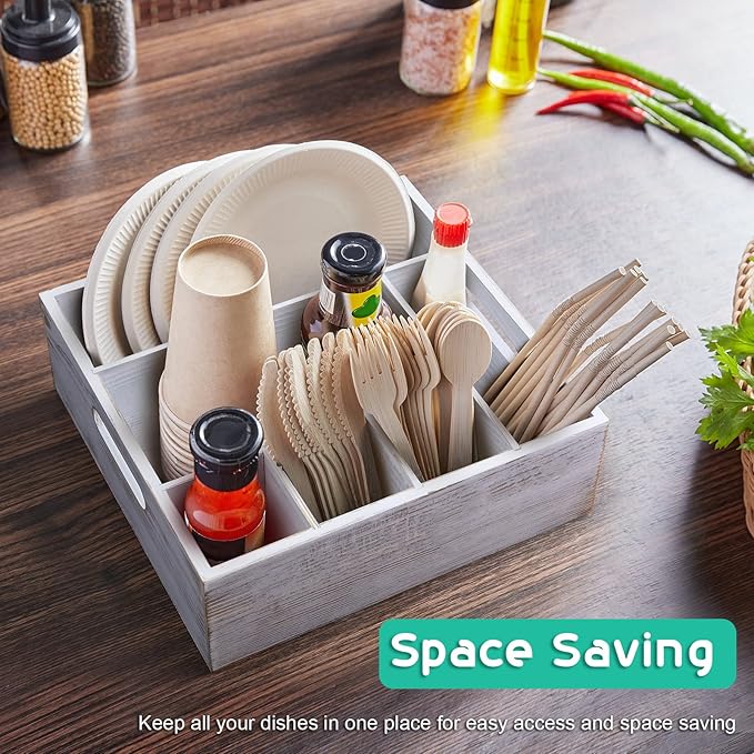 ALELION Rustic White Utensil Holder for Party - Paper Plate Organizer for Countertop - Silverware Caddy with 6 Compartments for Plate Cup Fork Spoon - Cutlery Holder for Camping Buffet