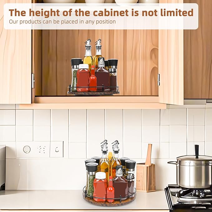 Single Tier Lazy Susan Spice Rack Organizer, 12-Inch Wooden Rotating Turntable for Compact Countertop Cabinet Storage, 360 Degree Non Slip Spice Carousel, Kitchen and Bathroom Decor Easy Clean