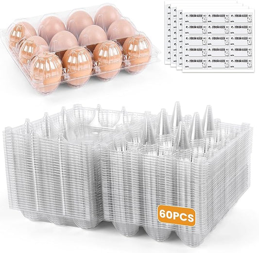 HANSGO Clear Egg Cartons Bulk, 1 Dozen 12 Count Empty Egg Carton Storage Containers for Home Ranch Chicken Farm Market Display, 60 PCS