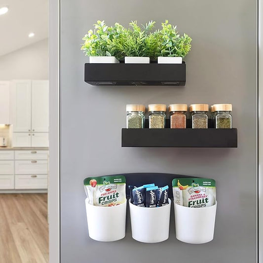 Magnetic Spice Rack for Refrigerator - Strong Magnetized Shelf for Fridge Storage - 2 Pack with Bonus Storage Cups and 4 Moveable Hooks - Versatile Space-Saving Kitchen Organizer Shelves