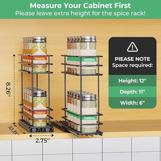 Pull Out Spice Rack Organizer for Cabinet, Slide Out Spice Racks, Easy to Install Spice Cabinet Organizers, 2.75''Wx10.35''Dx8.26''H, 2 Drawer 2 Tiers(Black