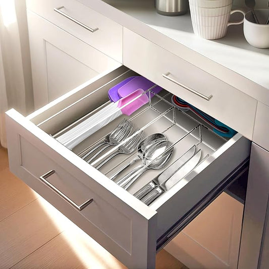 Amazing Abby - Felicia - Plastic Flatware Organizer, Compartmented Utensil Holder, Cutlery Tray for Drawer, Silverware Storage for Kitchen, Perfect Storage Solution for Home and Restaurant