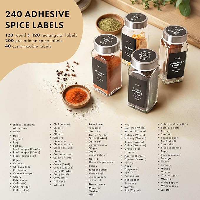Glass Spice Jars with Label and Stainless Steel Lids (24 x 4oz) Spice Containers with 240 Labels, Shaker Inserts, Steel Funnel, Empty Square Empty Square Seasoning Organizer (Silver)