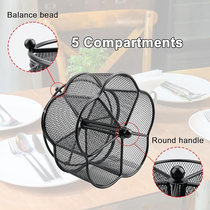 360° Rotating Silverware Utensil Caddy Holder - 5 Compartment Whirling Utensil Holder Kitchen Countertop Organizer for Spoon Fork Flatware Storage for Home or Outdoor Picnic Camping