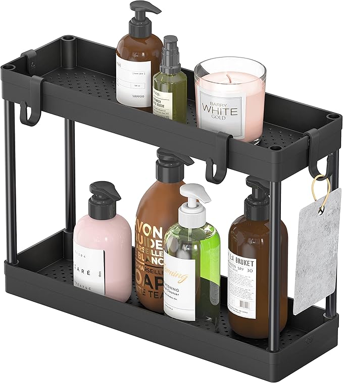 Simple Houseware 2-Tier Under Sink Organizer Storage Tray with Hooks, Black