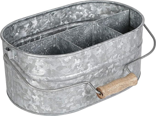 Alpha Living Home - Galvanized Metal Utensil Caddy – Rustic Farmhouse Organizer for Kitchen, Buffet & Outdoor Events, 13.5"x10"x5.5" with Removable Handle & Multi-Compartment Storage