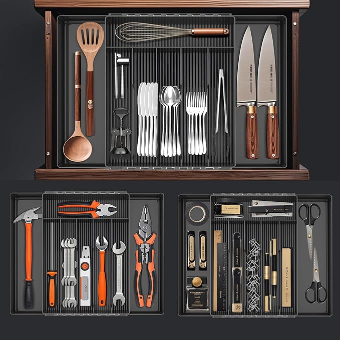 JYPS Silverware Organizer: Expandable Multipurpose Drawer Organizer for Forks, Knives and More - Black