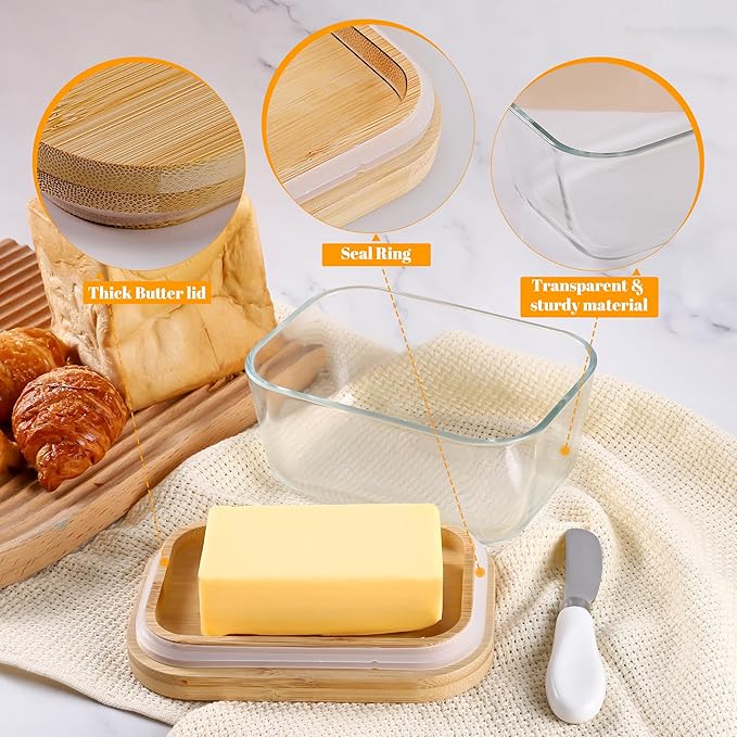 XCC Large Glass Butter Dish with Lid, Upgraded the Capacity to Holds 1lb of Butter, Butter Keeper with Knife for countertop and Double High-quality Silicone Seal, Kitchen Decor and Gifts