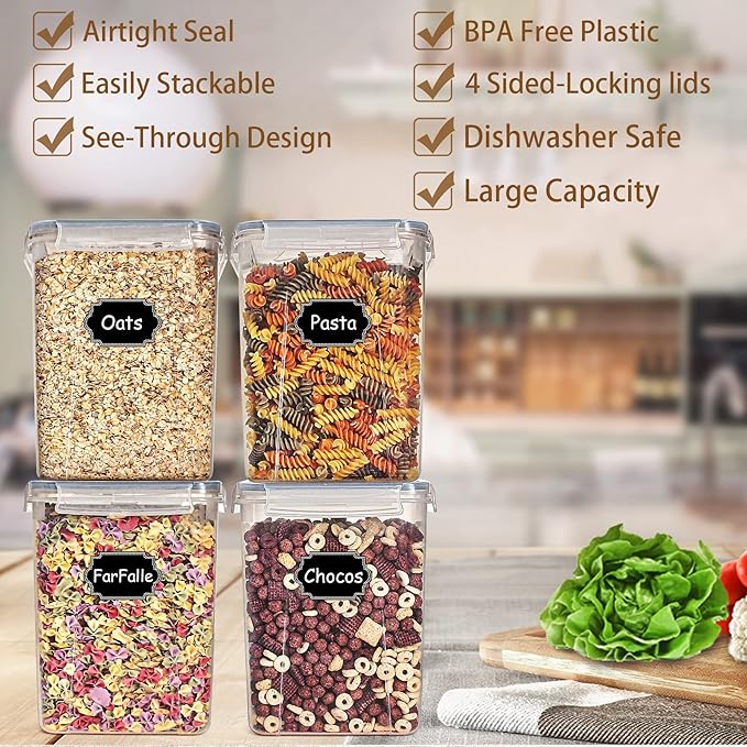 Wildone Large Food Storage Containers 5.2L /175oz, 4 Piece BPA Free Plastic Airtight Food Storage Containers for Flour, Sugar, Baking Supplies, Kitchen & Pantry Containers with 20 Labels - Gray