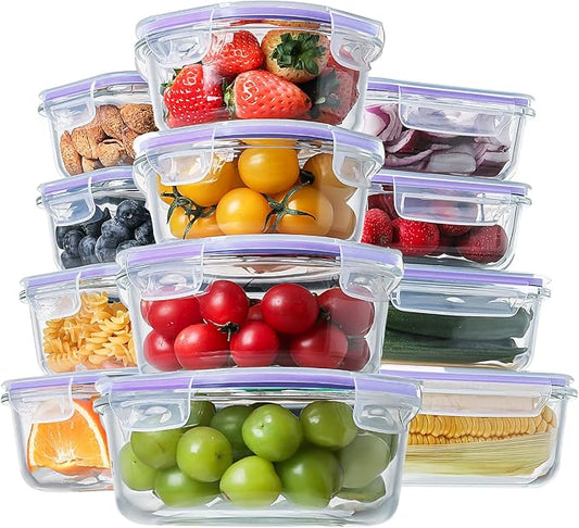 HOMBERKING 24pc Glass Food Storage Containers with Lids, Glass Meal Prep Containers, Airtight Glass Bento Boxes, BPA Free & Leak Proof, Pantry Kitchen Storage(12 lids & 12 Containers) - Purple