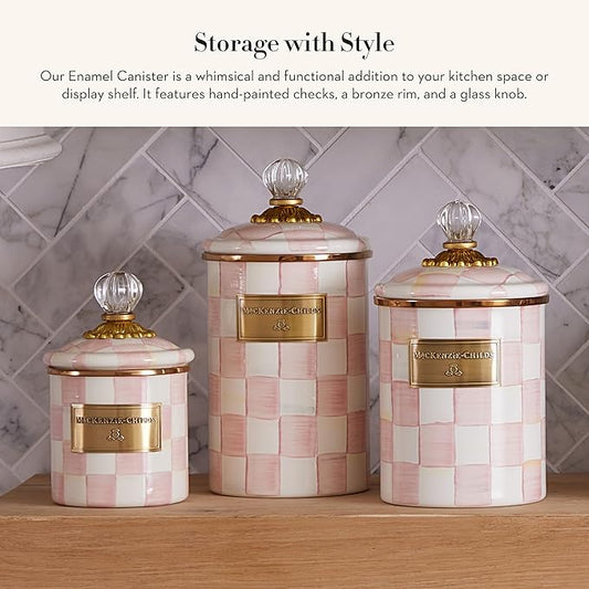 MACKENZIE-CHILDS Small Enamel Canister, Kitchen Storage Container for Flour and Sugar, 38 Ounces, Pink-and-White Rosy Check