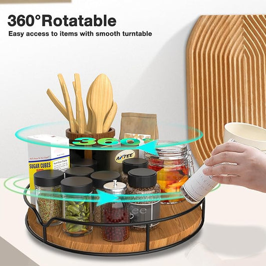 Lazy Susan Turntable Organizer for Cabinet Pantry Kitchen Countertop Refrigerator Cupboard, Pine Wood, 9", Carbonized Black