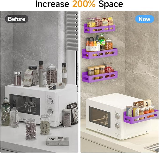 4 Pack Magnetic Spice Rack for Refrigerator, Spice Rack Organizer, Moveable Magnetic Shelf Fridge Organizer with 4 Hooks for Kitchen and Oven Organization, Black, Purple