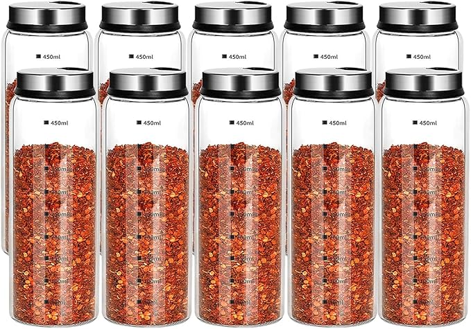 15 oz Salt and Pepper Shakers Set with Adjustable Outlet Holes Clear Glass Bottles Spice Seasoning Cans Jar for Kitchen Decor and Home Restaurant BBQ Camping Farmhouse(10 Pcs, 450 ML)