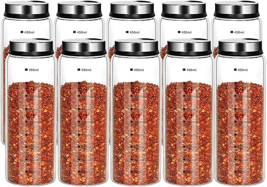 15 oz Salt and Pepper Shakers Set with Adjustable Outlet Holes Clear Glass Bottles Spice Seasoning Cans Jar for Kitchen Decor and Home Restaurant BBQ Camping Farmhouse(10 Pcs, 450 ML)
