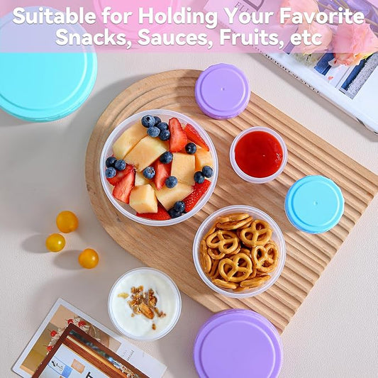 Small Containers with Lids, Reusable Plastic Bowls for Snack and Puree, Salad Dressing Container to Go, Deli, Sauce, Freezer Condiment Containers, Dishwasher Safe (colorful,6 pack, 10 oz)