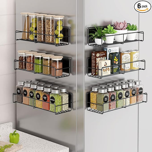 6 Pack Magnetic Spice Rack Organizer, Space Saver for Refrigerator and Whiteboard, Metal Fridge Shelf for Kitchen and Classroom, Black