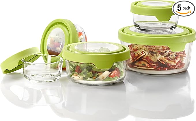 Anchor Hocking TrueSeal Glass Food Storage Containers with Lids, Green, 10-Piece Set