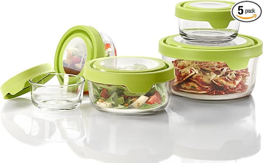 Anchor Hocking TrueSeal Glass Food Storage Containers with Lids, Green, 10-Piece Set