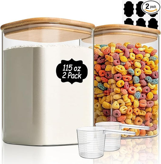 ComSaf 115 oz Glass Food Storage Containers Set of 2, Large Storage Containers with Lids, Square Glass Jars with Lids, for Flour and Sugar, Cereal, Rice, Pasta, Oats, Coffee Beans