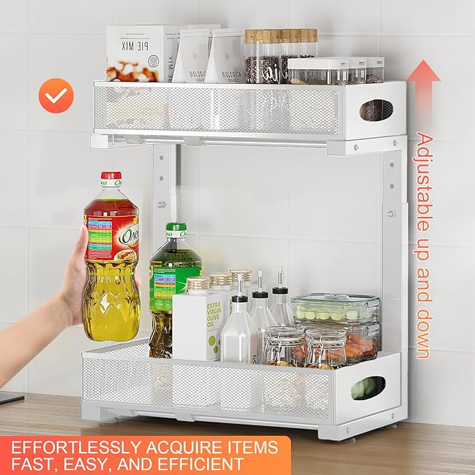 Under Sink Organizers and Storage, 2-Tier Put Out Cabinet Organizer, 5 Level Adjustable Under Sink Organizer, Slide Out Drawers Undersink Organizers for Bathroom Cabinet Kitchen Counter, 2 Pack, White