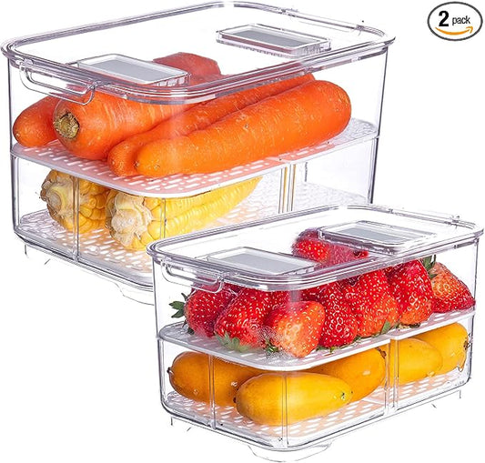 vacane Produce Saver with Lids, 2 Piece Fruit Vegetable Storage Container with Vents Stackable Fridge Drawers Organizer Salad Lettuce Keeper For Refrigerator,Bpa-free Fresh Keeper,5.7L&2.8L