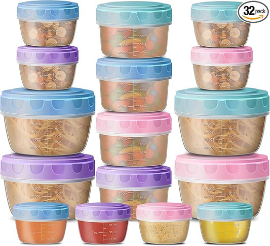 32 Piece Mixed Sized Food Storage Containers with Lids - [ 2OZ, 5OZ, 10OZ, 18OZ], Reusable BPA-Free Meal Prep Containers Set, Leak Proof Salad Dressing Container, (16 Lids &16 Containers)