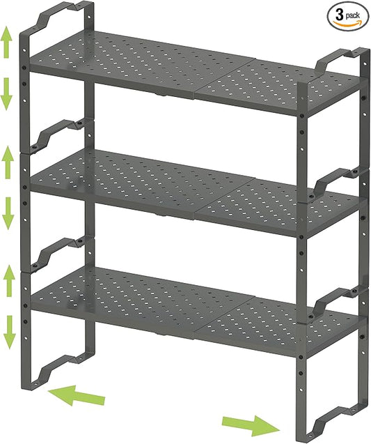 Expandable Shelf for Cabinet Organizer Adjustable Stackable Spice Rack at Kitchen and Bathroom More, Counter Countertop Cupboard Organization Pantry Storage (3 Packs/Gun-Grey, Large)
