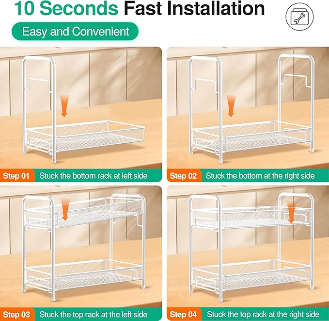 Spice Rack Organizer for Countertop,Xpatee 2-Tier Foldable Metal Rust-Proof Standing Large Seasoning Storage Shelf with Guardrail and Mesh Design for Kitchen Cabinet Bathroom Living Room Pantry, White