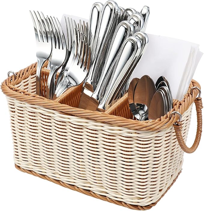 Utensil Holder Silverware, Rattan Hand Woven Cutlery Storage Organizer, Multifunctional Divided Storage Basket, for Hold Forks, Knives, Napkins, Foods and Sundries （ Flexible Handle ）