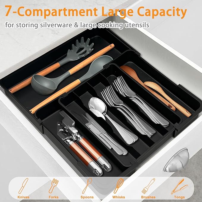 Homecor Silverware Organizer Expandable Kitchen Drawer Organizer with 7 Slots, Adjustable Cutlery Utensil Drawer Organizer, Kitchen Utensil Storage Tray for Forks Knives Spoons, Anti-Slip, Black