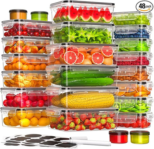 48 Pcs Larger Food Storage Containers with Lids Airtight (24 Containers & 24 Lids), Meal Prep Container for Pantry & Kitchen Organization, BPA-Free, Leak-Proof with Labels & Marker Pen