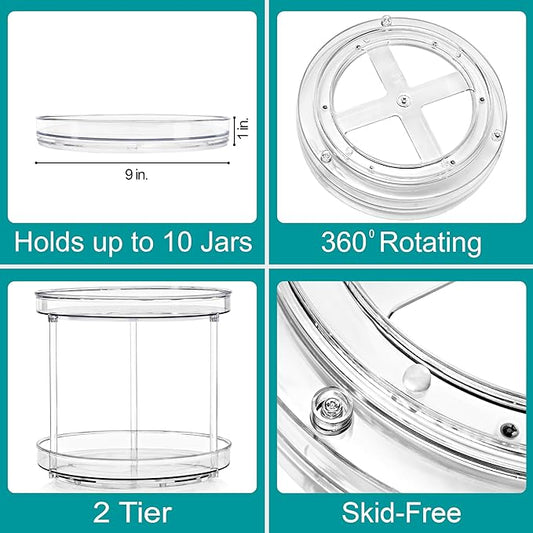 Sorbus 9 Inch 2 Tier Clear Lazy Susan Organizer, Turntable Organizer for Spice Organization for Cabinet, Lazy Susan Turntable for Kitchen, Home, Office, Closet, Classroom, Laundry Room Organization