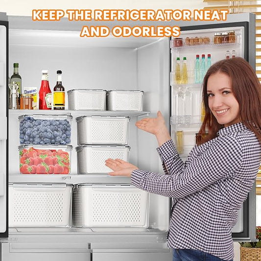 Fruit Storage Containers for Fridge - 6PCS Food Storage Containers with Lids - Produce Containers for Fridge with Removable Colander - Keep Berry Fruit Vegetable Food Meat Fresh Longer