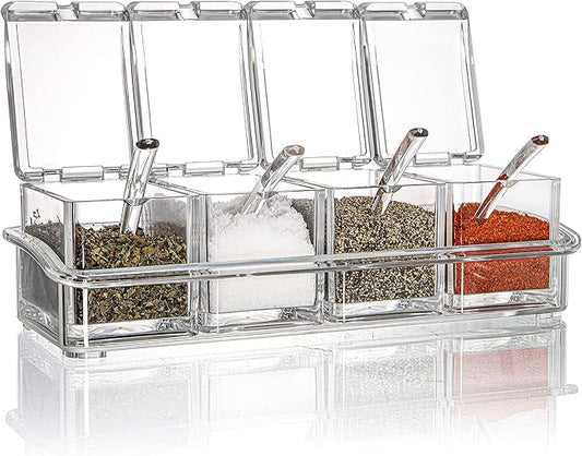 Yesland Clear Seasoning Rack Spice Pots - 4 Piece Storage Container Condiment Jars - Acrylic Seasoning Box, Cruet with Cover and Spoon