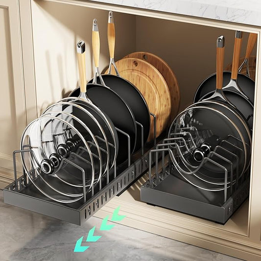 Pull Out Pots and Pans Organizer Under Cabinet, Expandable Sliding Lid Holder and Pan Rack for Kitchen, Slide Out inside Cabinet for Pot Lid, Bakeware, Dishes, 10 Adjustable Dividers, 2 Pack Black