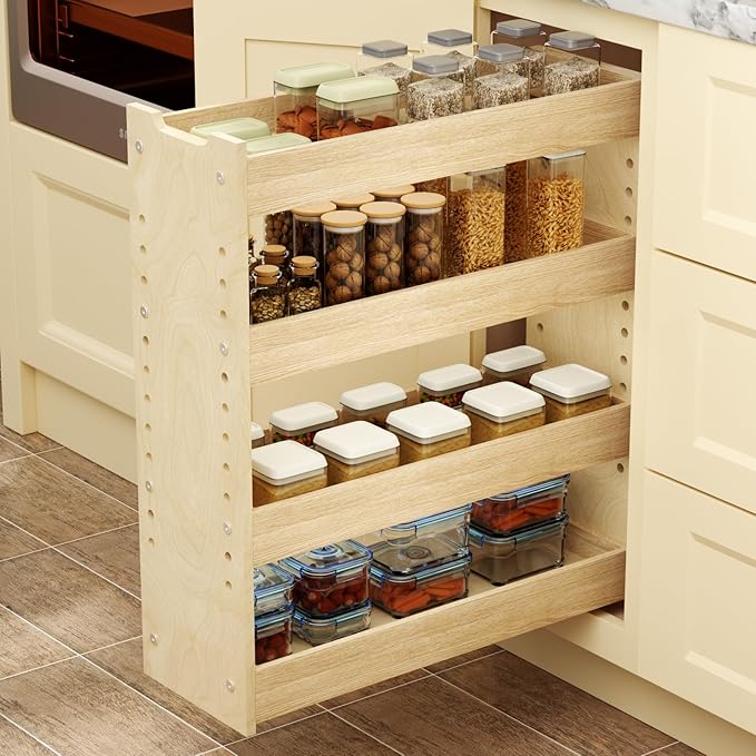 ROOMTEC Pull Out Cabinet Organizer with U Bracket,7½”W x 24½”H 4-Tier Adjustable Kitchen Spice Rack, Spice Rack Organizer for Narrow Cabinet Drawers Slide Out, Soft Close