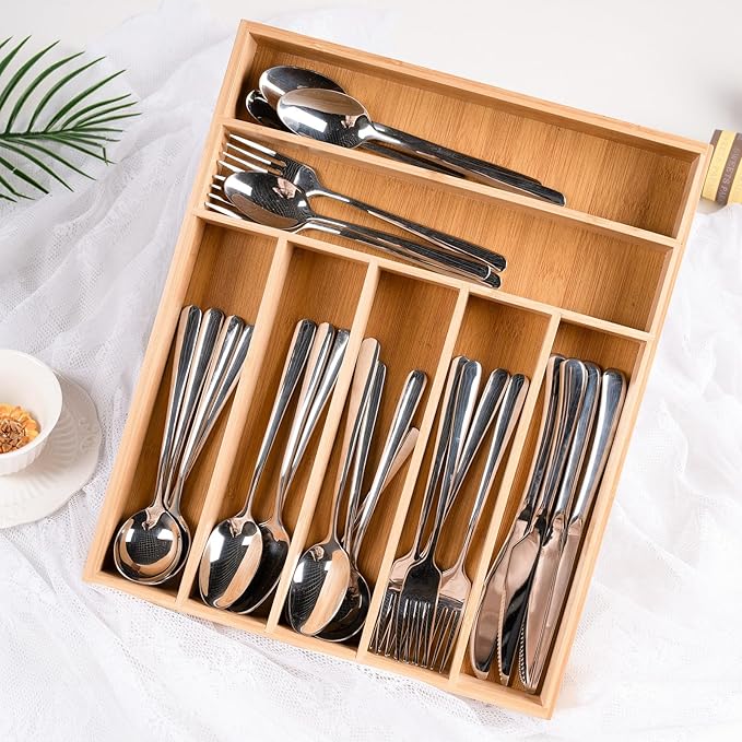 Silverware Organizer Bamboo Kitchen Drawer Organizer with 7 Slots Flatware Organizer Tray for Kitchen, Flatware, Utensils(Natural)